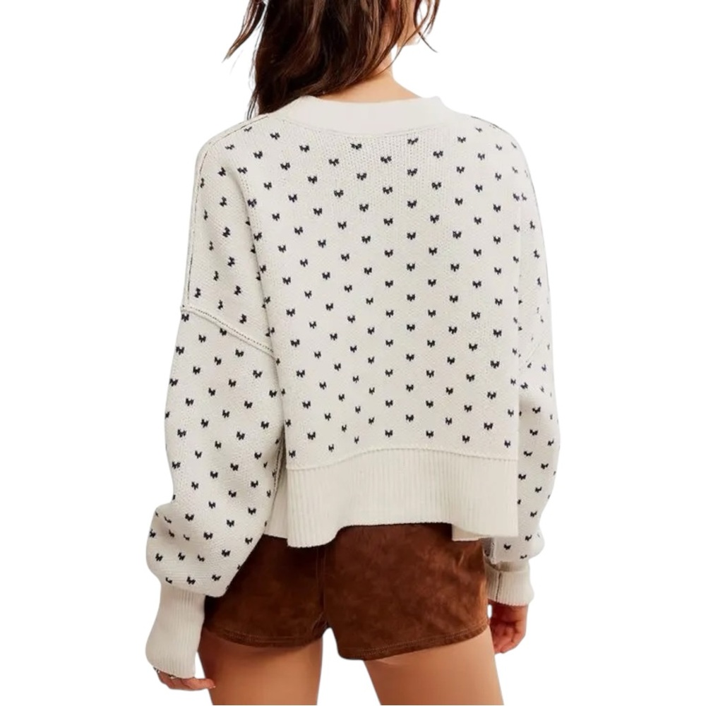 NWOT FREE PEOPLE PATTERN EASY STREET CROPPED PULLOVER SWEATER WHITE / NAVY SMALL